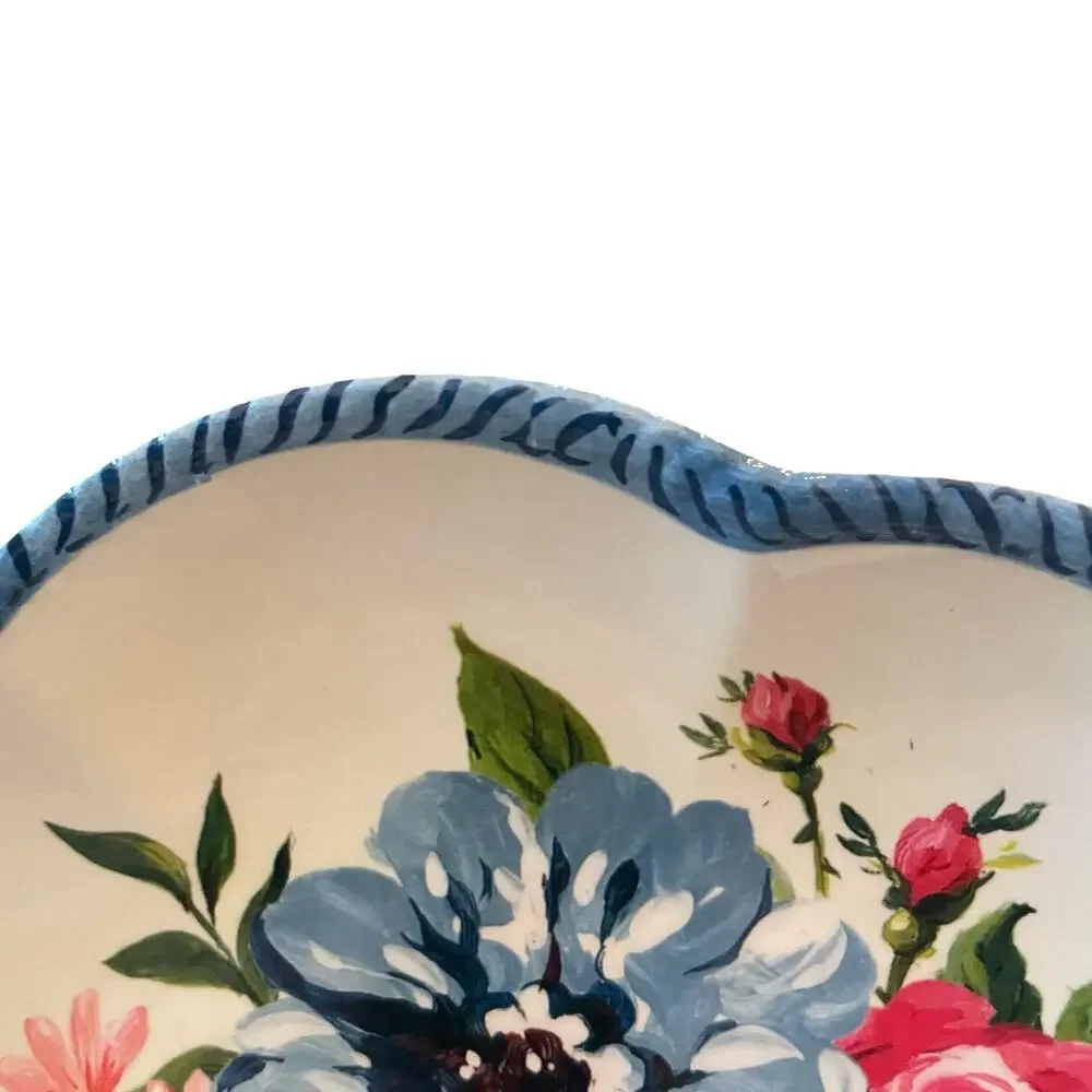 NEW Shabby Chic Floral Melamine Salad Plates 9in Set of 4 Scalloped Blue Border